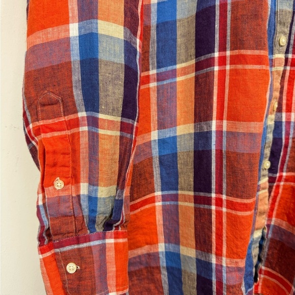 Lauren Ralph Lauren Size XL Shirt 100% Linen Long Sleeve Plaid Orange Blue - Picture 4 of 6